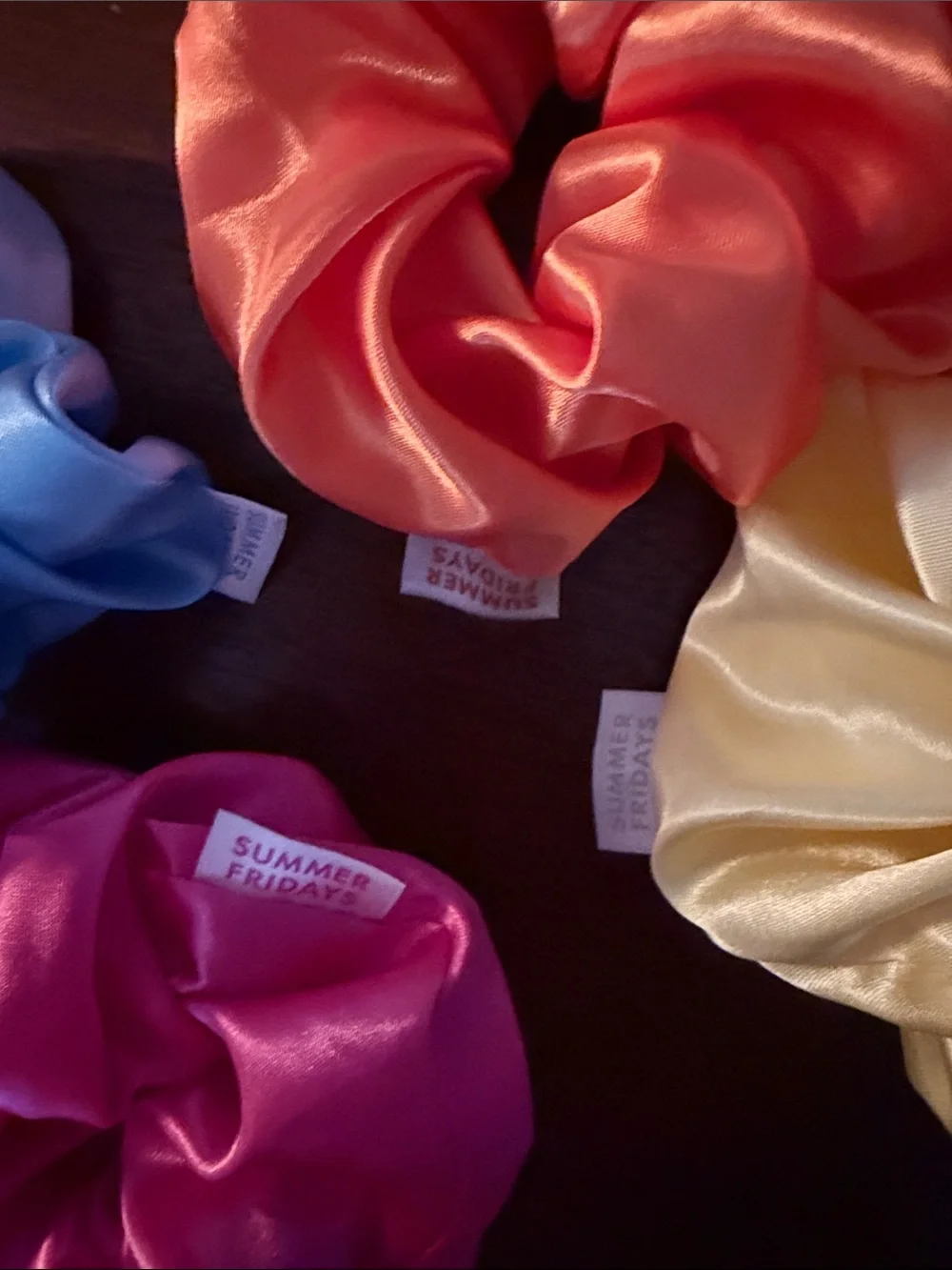 Summer Fridays Satin Scrunchie Set - Blue, Yellow, Pink, Orange